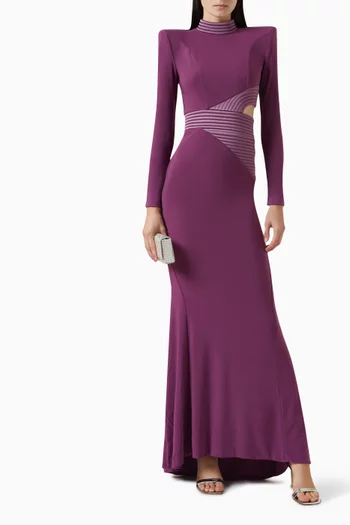 MESSAGE TO LOVE GOWN- FULLY LINED LONG SLEEVE JERSEY GOWN WITH STITCHED SATIN PANELS, SIDE BACK OPENING AND SHOULDER ACCENTS:Purple    :10|217412061
