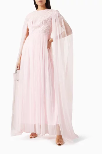 Embellished Cape-sleeve Maxi Dress Chiffon & Tulle
