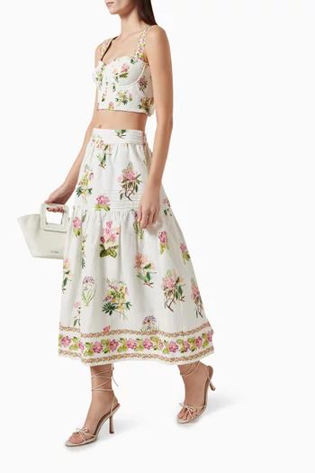 Taha Floral-print Midi Skirt in Linen-cotton