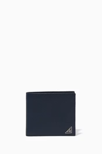 Dark-Blue Triangle Logo Saffiano Leather Bill-Fold Wallet 