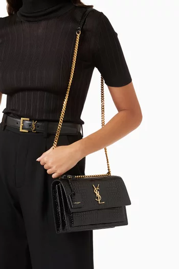 Medium Sunset Bag in Crocodile-Embossed Shiny Leather