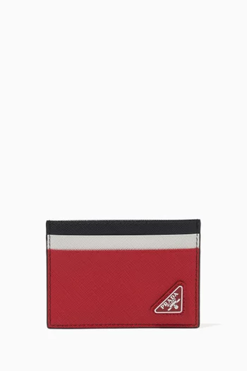Triangle Logo Card Holder in Colour-block Saffiano Leather     