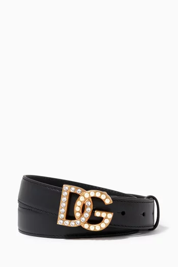 DG Rhinestones & Pearls Belt in Leather, 25mm
