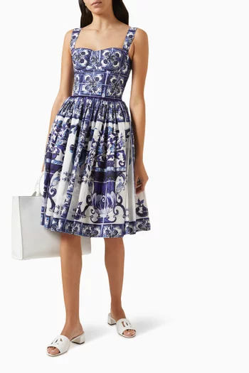 Majolica-print Bustier Midi Dress in Cotton-poplin