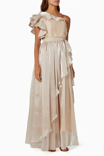 One-shoulder Ruffled Maxi Dress in Shiny Chiffon 