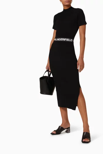 Logo Tape Midi Dress in Recycled Viscose Rib- knit