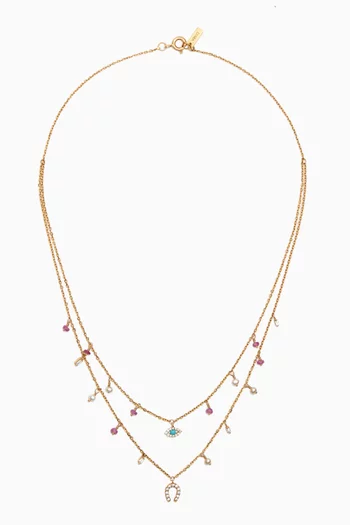 Pink Sapphire, Pearl & Diamond Charm Necklace in 18kt Yellow Gold 