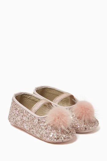 Pom Pom Glitter-embellished Ballerina Shoes