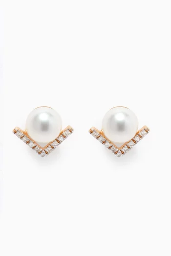 Right Angle Pearl & Diamond Stud Earrings in 14kt Yellow Gold