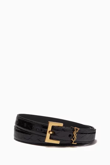 Cassandre Square Buckle Thin Belt in Python-embossed Leather