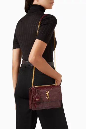 Medium Sunset Chain Shoulder Bag in Croc-embossed Leather