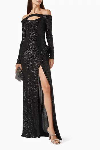 فستان سهرة بكتف مكشوف مزين بالترتر