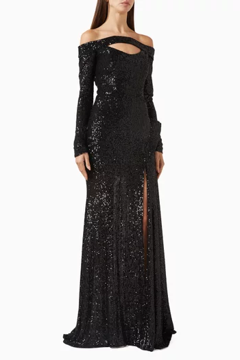 فستان سهرة بكتف مكشوف مزين بالترتر