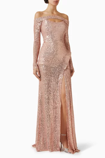 فستان سهرة بكتف مكشوف مزين بالترتر