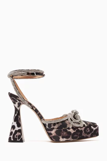 Double Bow Crystal 140 Platform Pumps in Leopard-print Satin