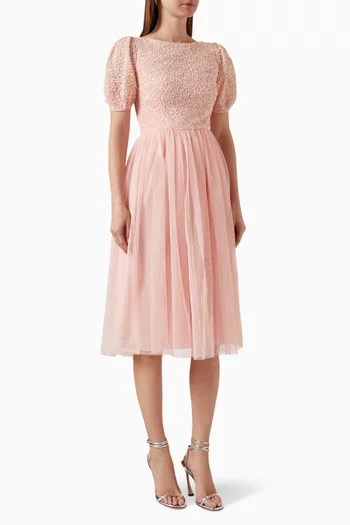 Puff-sleeve Embellished Midi Dress in Tulle