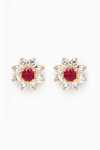 Mini Flower Ruby & Diamond Stud Earrings in 18kt Gold