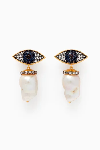 Cyclops Crystal & Pearl Drop Earrings in 24kt Gold-plated Bronze