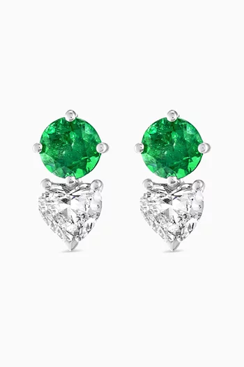 Emerald & Heart Diamond Stud Earrings in 18kt White Gold