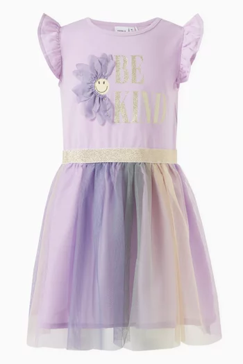 Floral-applique Tulle Dress in Cotton-blend