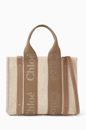 Small Woody Embroidered Tote Bag in Linen Canvas
