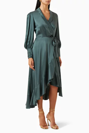 Ruffled Midi Wrap Dress in Silk
