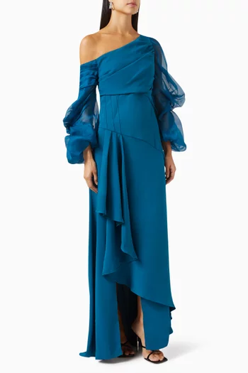 One-shoulder Ruffled Maxi Dress in Cady & Silk Organza