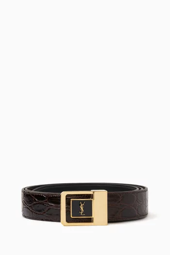 Cassandre Square Buckle Belt in Crocodile-embossed Leather