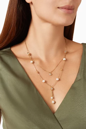 Kiku Pearl Two-line Charm Tassel Necklace in 18k Gold