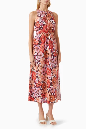 Zanita Floral-print Midi Dress in Viscose-linen Blend