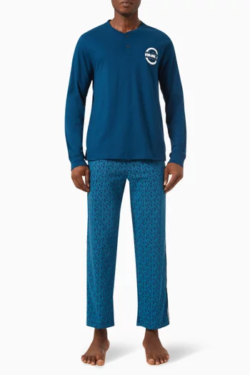 Henley Pyjama T-shirt & Pant Set in Cotton Jersey