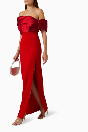 فستان اليكسس طويل بأكتاف مكشوفة تويل وكريب منسوج