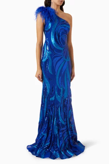One-shoulder Feather Embellished Gown