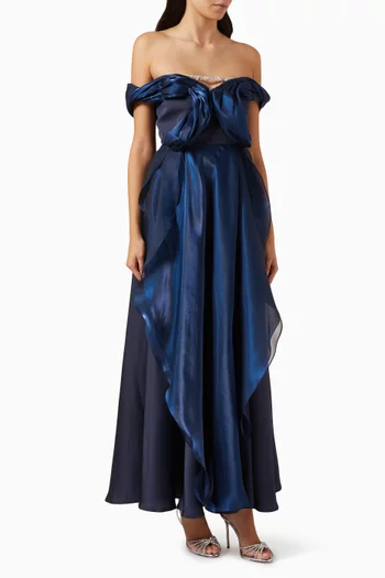 Embellished Off-the-shoulders Dress in Stretch-satin