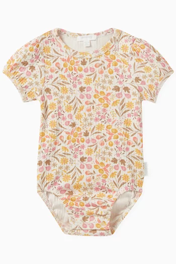 Floral-print Ribbed Bodysuit in Stretch Organic-cotton