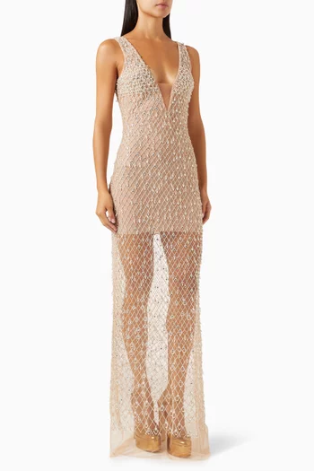 Diamond-embroidered Maxi Dress in Tulle