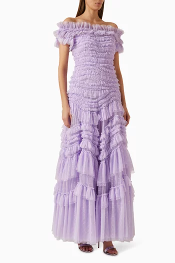 Off-shoulder Ruffled Gown in Tulle
