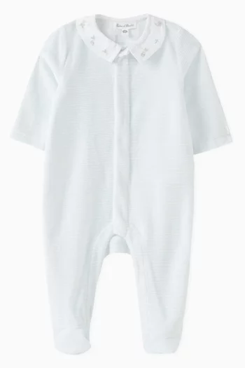 Embroidered-collar Striped Pyjama in Cotton Blend