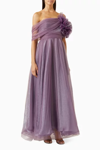 Draped Off-shoulder Maxi Dress in Tulle