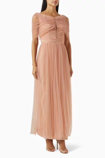 Crystal-embellished Ruched Maxi Dress in Tulle