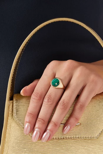 Malachite & Diamond Coin Signet Ring in 14kt Gold