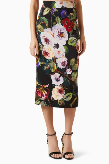 Floral-print Midi Skirt in Silk-charmeuse