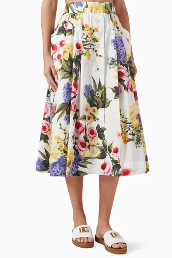 Garden-print Circle Midi Skirt in Cotton-poplin