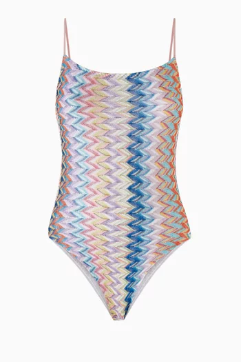 لباس سباحة قطعة واحدة بخطوط شيفرون متعرجة قماش لامع