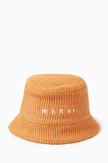 Embroidered Logo Bucket Hat in Raffia-effect