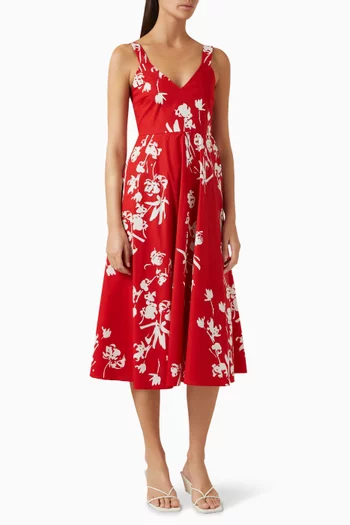 Tenore Floral-print Midi Dress in Stretch Cotton Poplin
