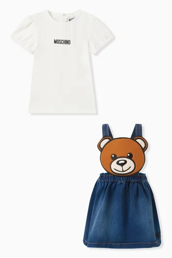 Teddy Bear Dungaree Dress Set in Cotton-denim