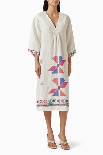 Embroidered Aeolis Midi Dress in Linen