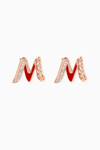 Retro Diamond & Enamel Letter 'M' Earrings in 18kt Rose Gold