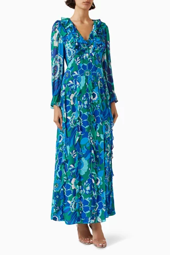 Linnett Ruffled Maxi Dress in Silk Crepe de Chine
